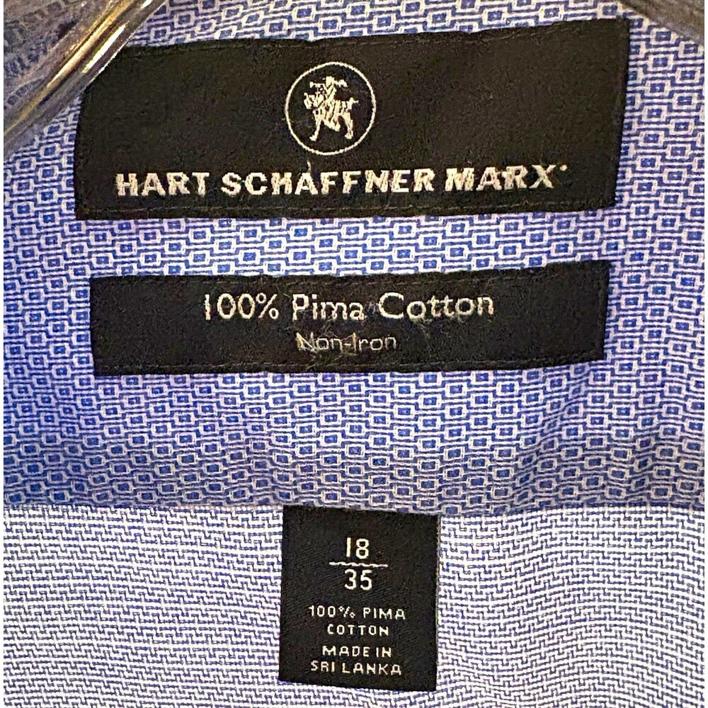 Hart Schaffner Marx Non-Iron Pima Cotton Blue Geometric Dress Shirt 18 35